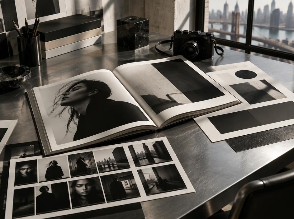 Editorial production materials on a creative director’s table