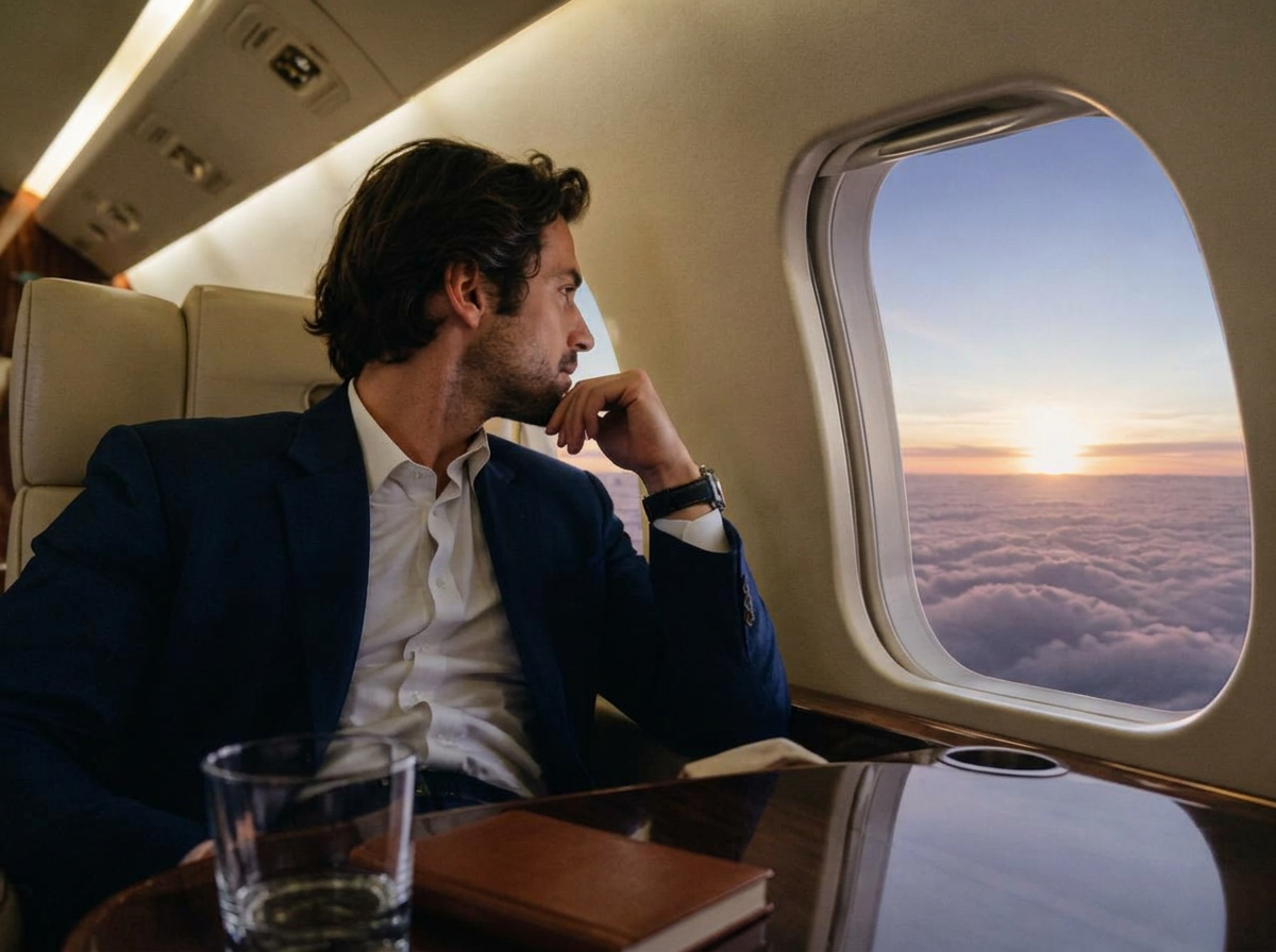 A traveller looking out of a private jet window at dawn