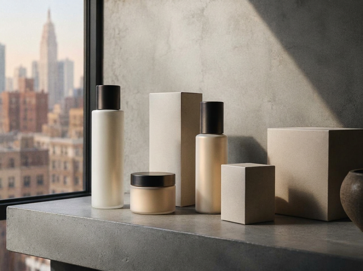 Minimal product packaging on a shelf in New York