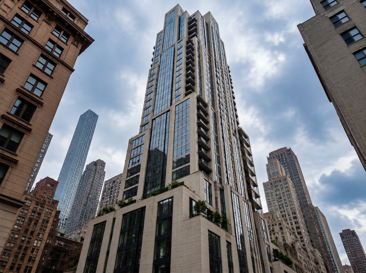 A modern residential tower seen from a New York street